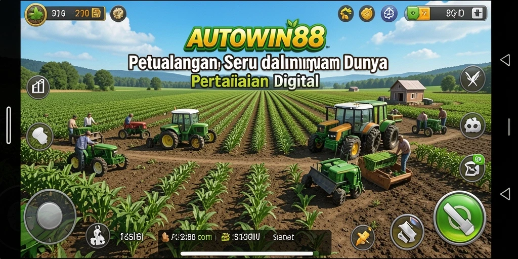 Gameplay seru AUTOWIN88 dengan ladang yang subur dan hewan ternak.