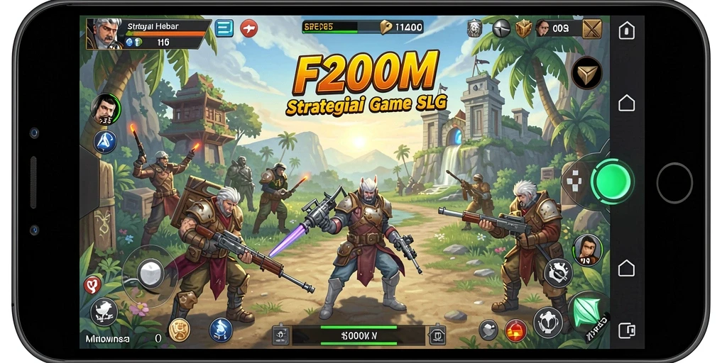 Screenshot F200M menampilkan pertempuran strategi yang seru dan grafis menarik.
