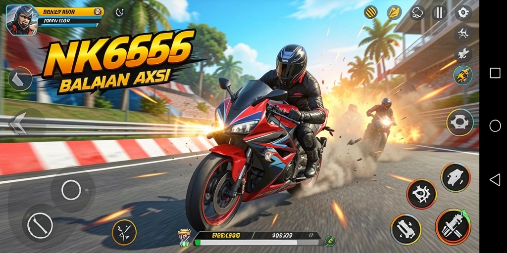 Tangkapan layar gameplay NK666 menunjukkan balapan motor yang mendebarkan.