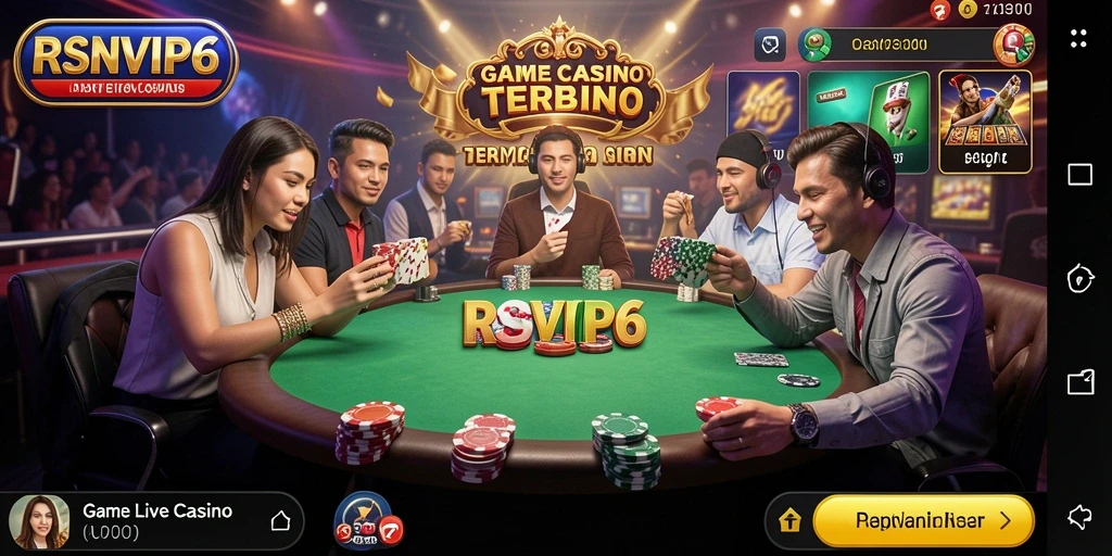 Screenshot gameplay RSNVIP6 yang menunjukkan dealer langsung dan suasana kasino.