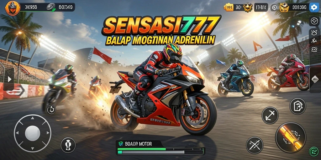 Tampilan gameplay SENSASI777 dengan balapan motor yang mendebarkan.