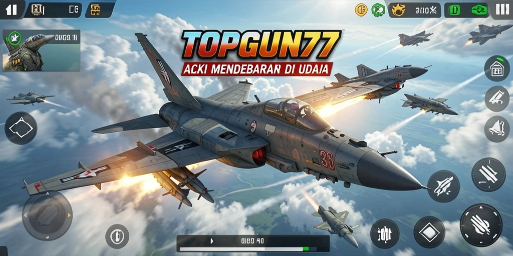 Screenshot gameplay TOPGUN77 dengan aksi pertempuran udara yang mendebarkan.