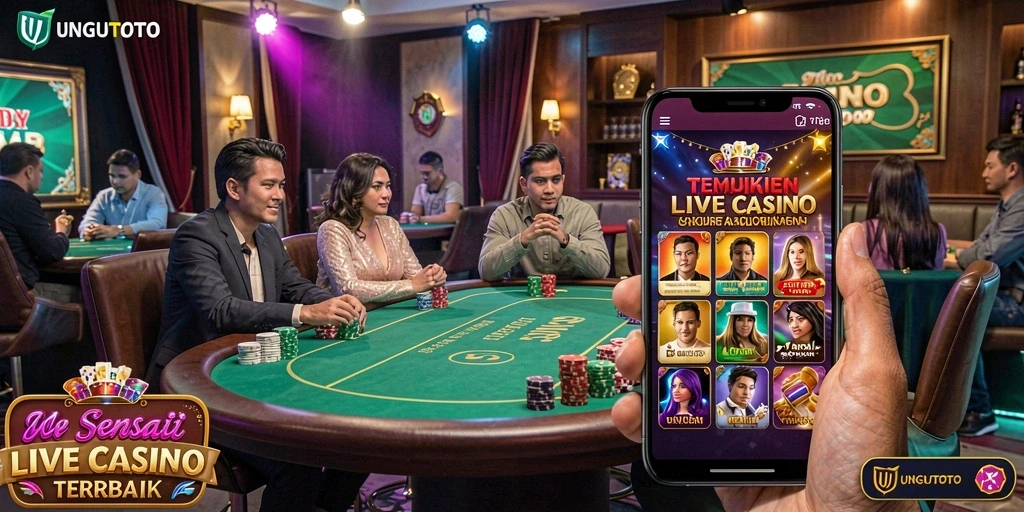 Screenshot utama UNGUTOTO menampilkan dealer nyata dan antarmuka permainan Live Casino yang menarik.